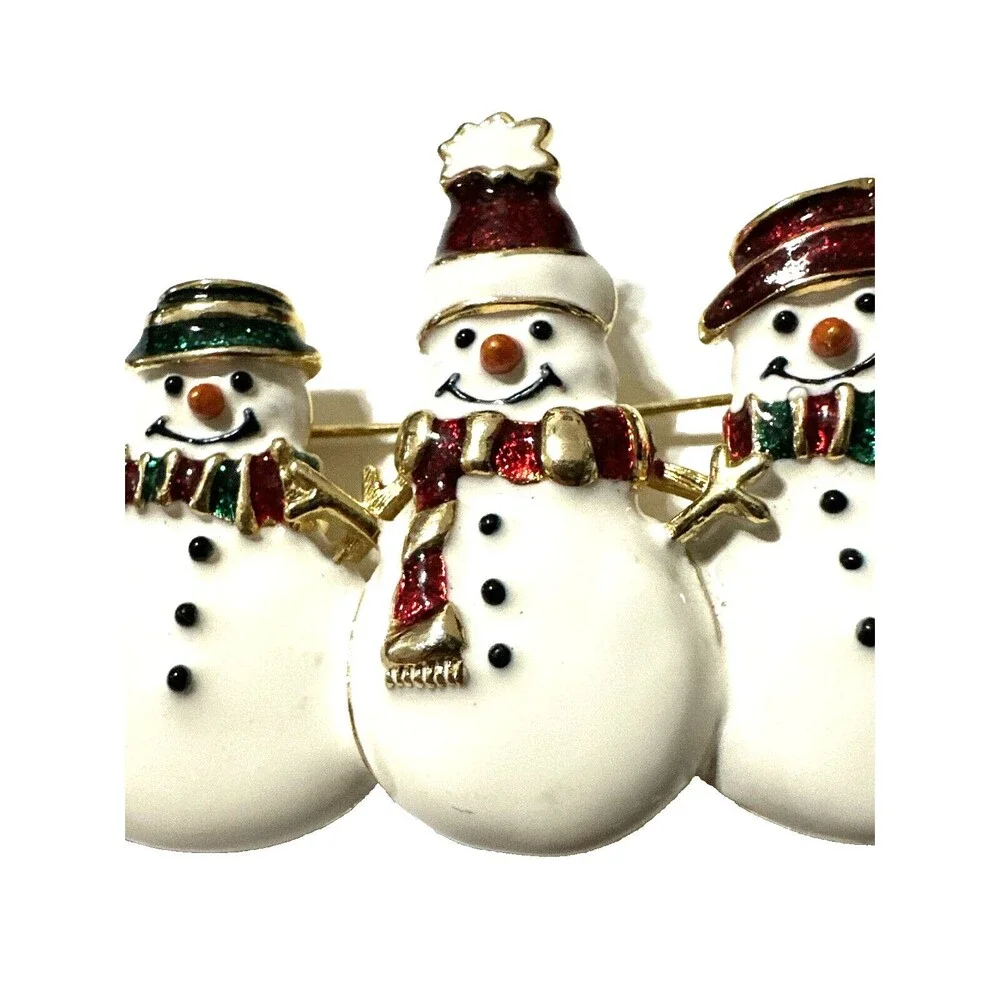 Vintage Snowmen Christmas Brooch White Green Red Enamel Trio Holiday Pin 2.5